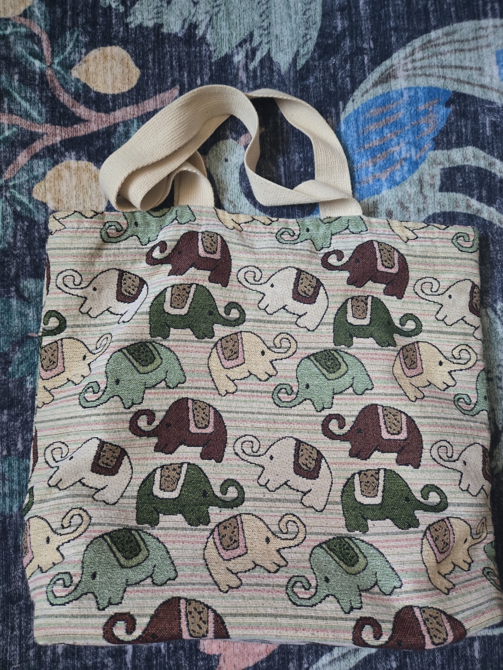 Colorful Woven Elephant Print Canvas Zipped Tote Bag Boho
